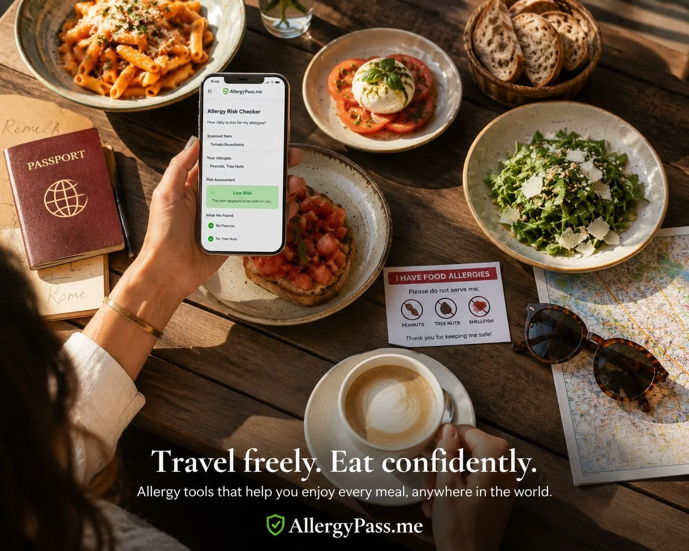 Printed food allergy card shown alongside a phone displaying the AllergyPass Risk Checker at a restaurant table