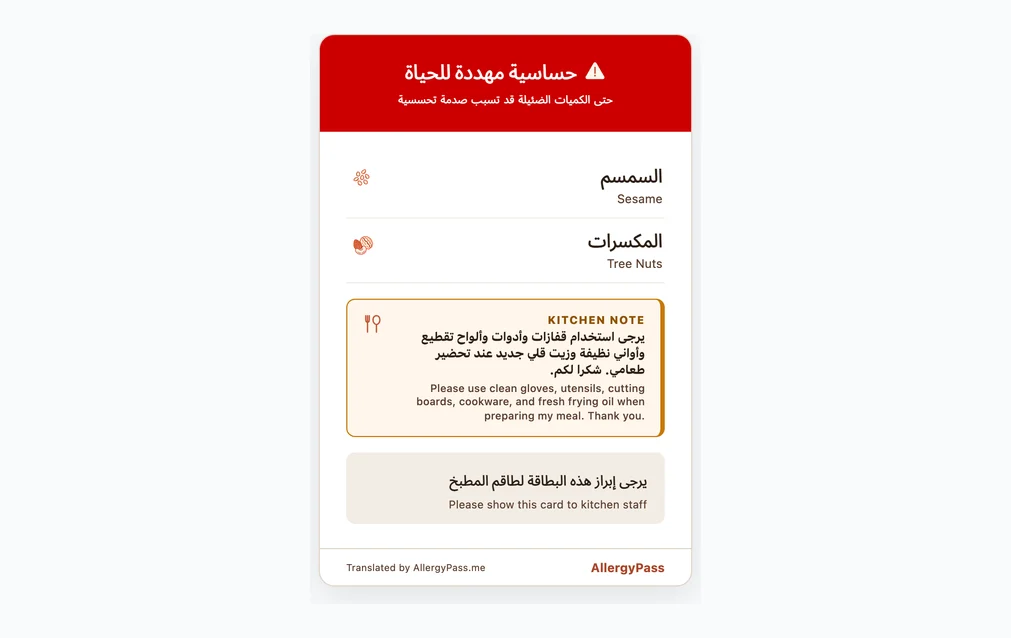 Sample Arabic allergy card listing sesame and tree nuts in Arabic and English, laid out right to left