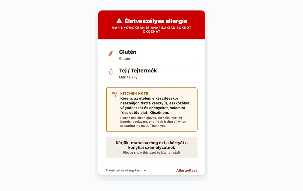 Hungarian allergy card listing gluten and dairy in Hungarian and English