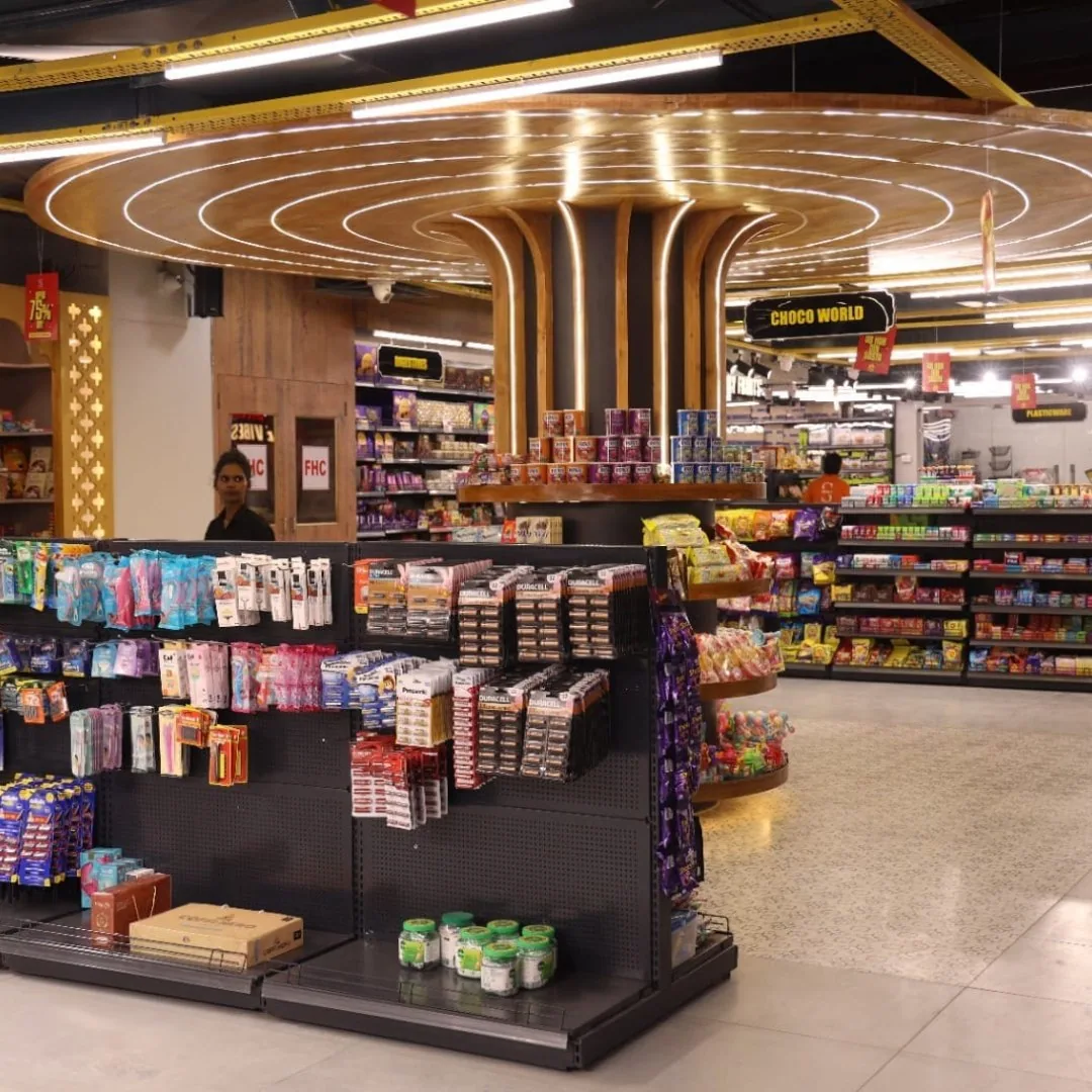 Aisle of a premium supermarket in Delhi stocking imported, labeled packaged food