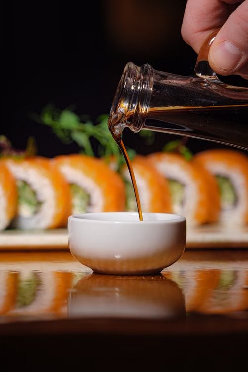 Soy sauce being poured into a Japanese dish