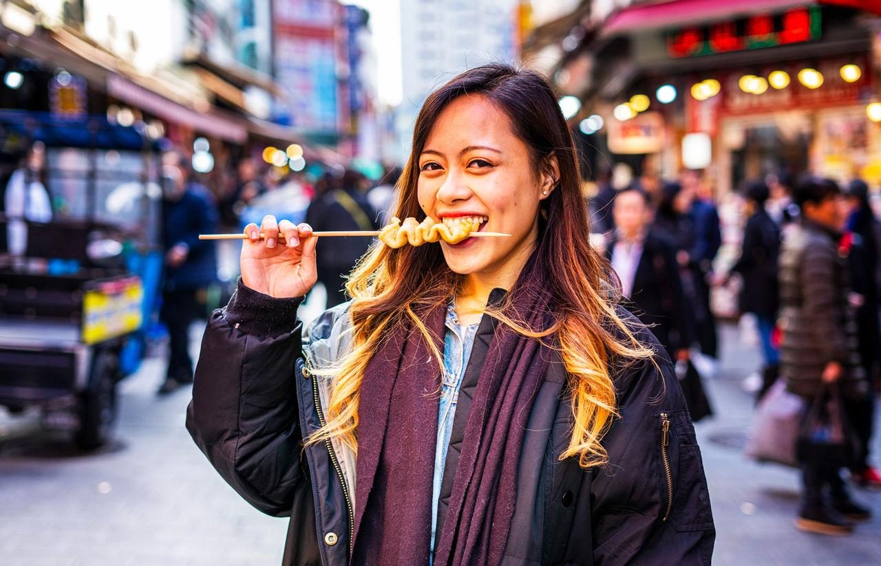 Japanese street food skewers at a Tokyo market stall