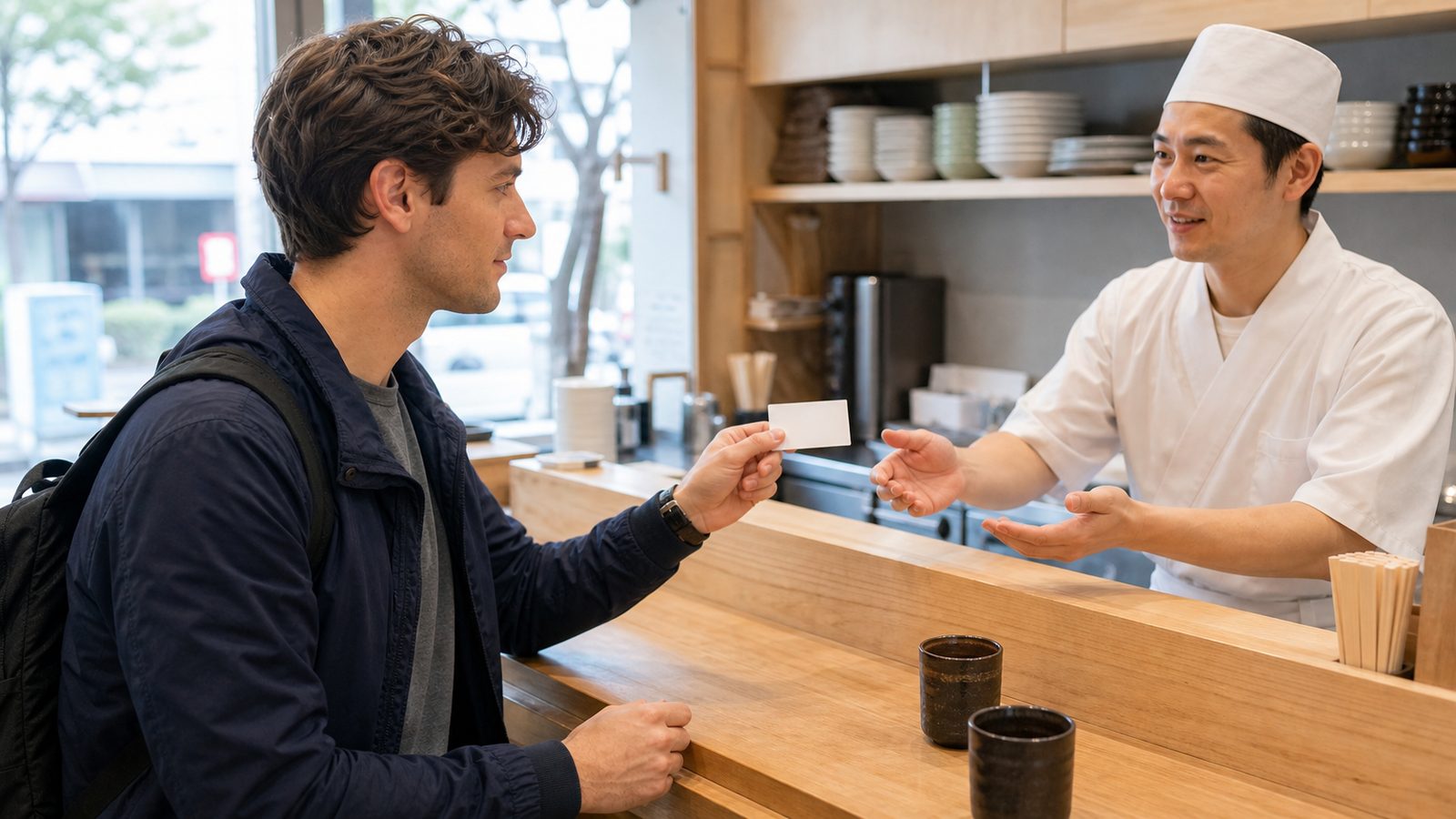 Traveler showing a Japanese allergy card to a sushi chef in Japan