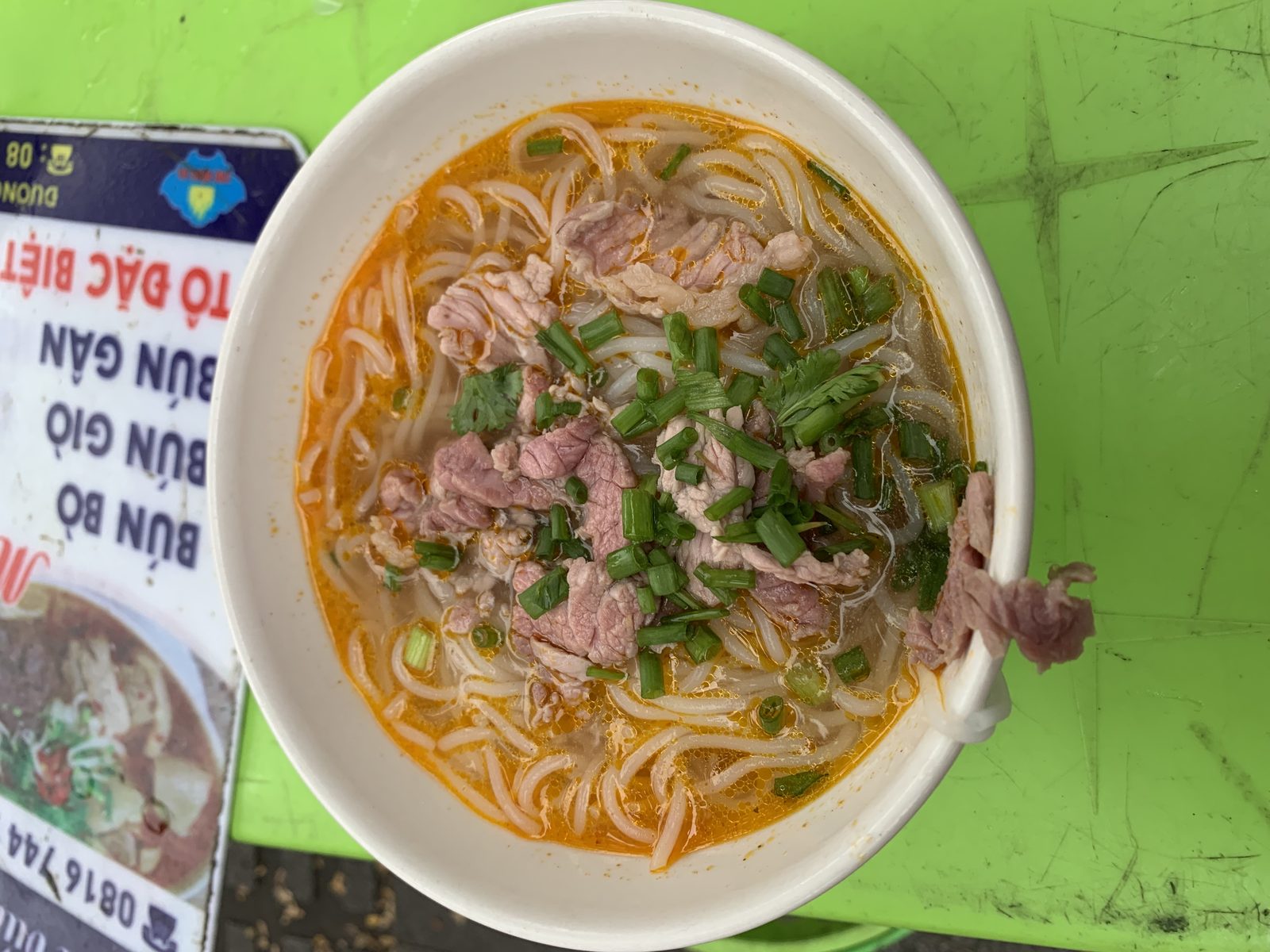 Bowl of bun bo Hue, a central Vietnamese noodle soup