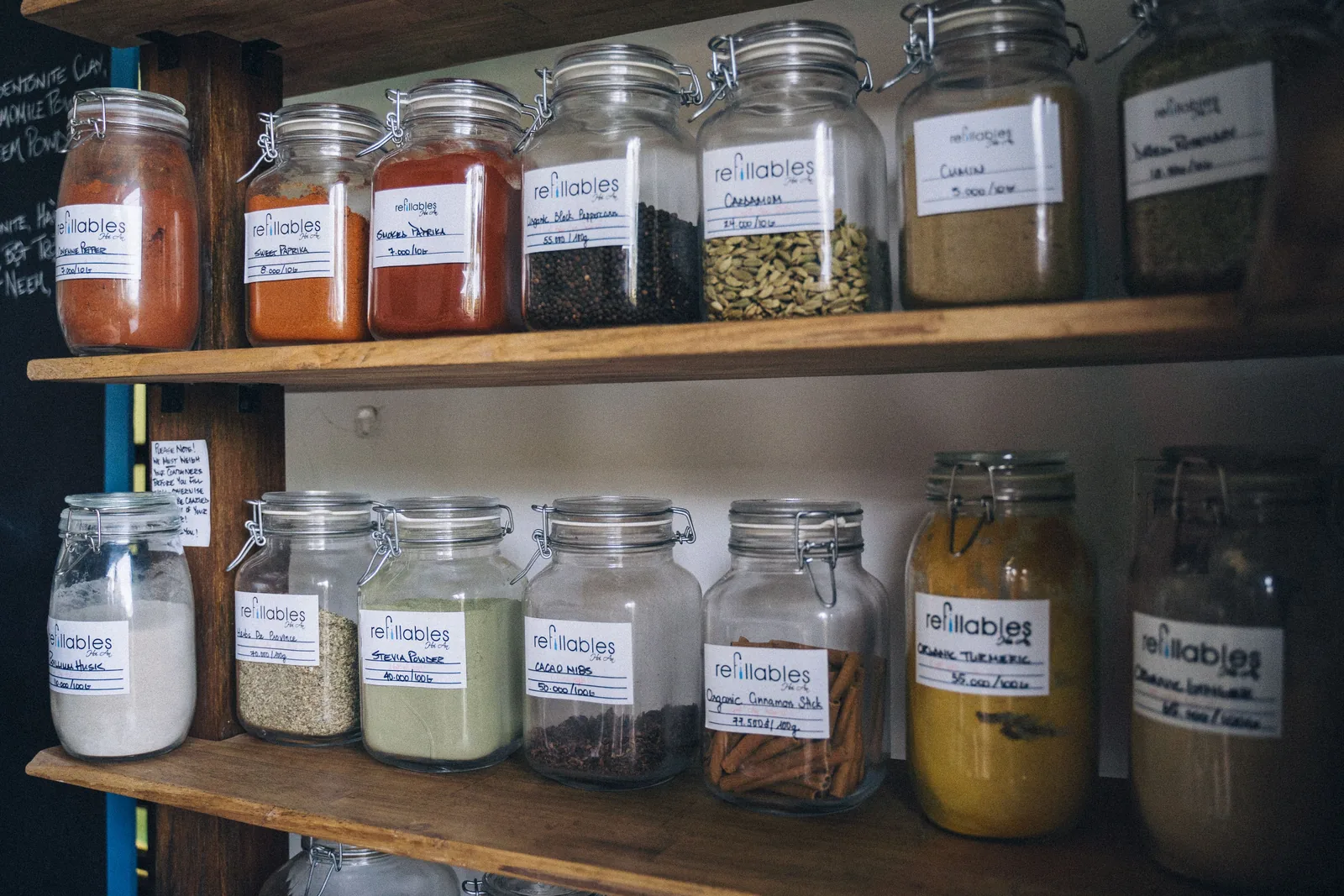 Labeled spice jars on a pantry shelf