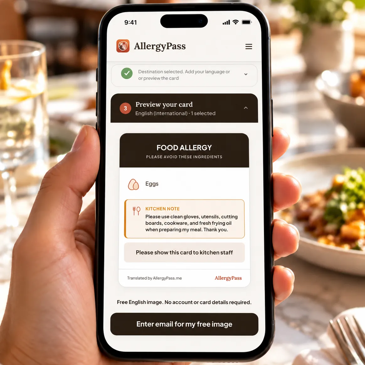 Phone showing the AllergyPass card builder previewing a free English egg allergy card