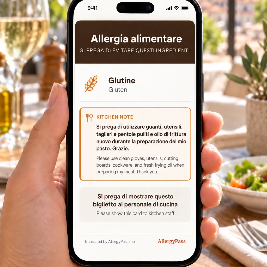 Phone showing an AllergyPass gluten allergy card in Italian and English at a restaurant table in Italy