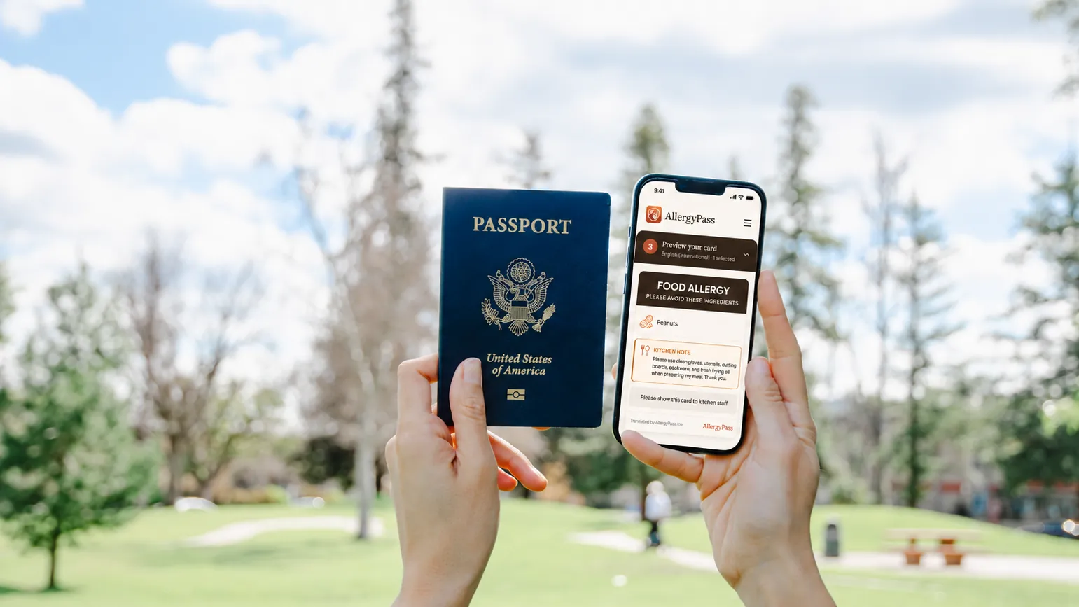 Traveler holding a passport in one hand and a phone showing an allergy card in the other