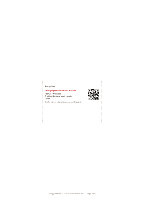 Wallet-sized cutout page from the printable AllergyPass PDF, with trim guides