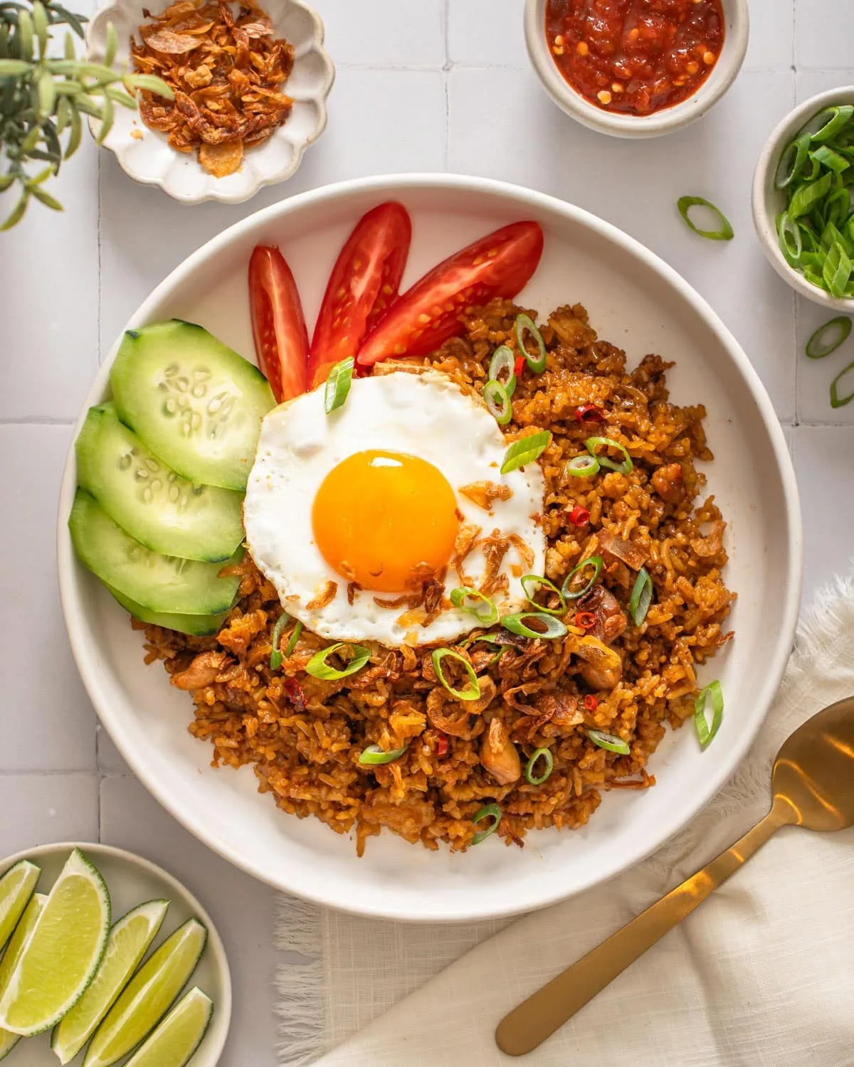Indonesian nasi goreng fried rice, common allergens include soy, shrimp paste, and peanuts
