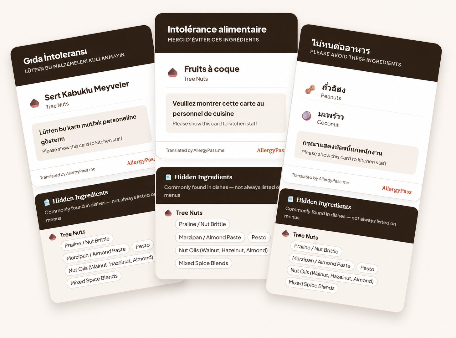 Multilingual food allergy translation cards in Thai, Japanese, Vietnamese
